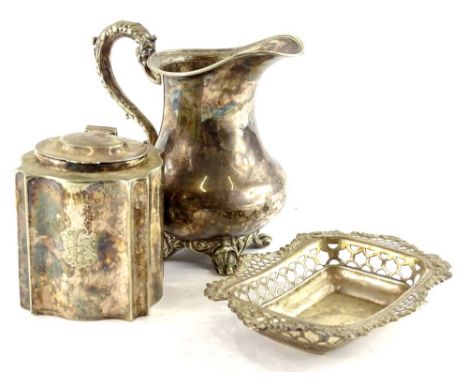 A collection of metalware, to include a silver plated caddy with re-entrant corners, engraved with a monogram, a pierced silv