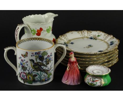 A collection of ceramics, to include a pearl ware jug decorated with flowers, a Royal Doulton figure Rosamund and a porcelain