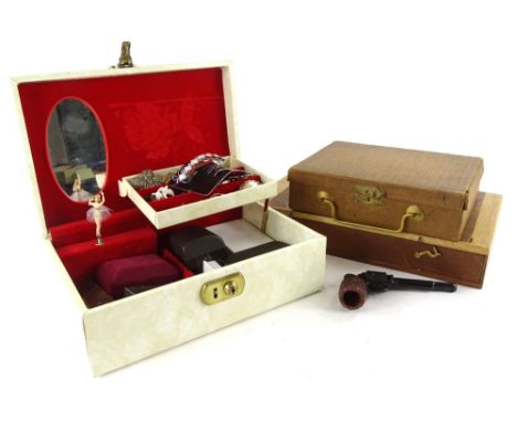 Three jewellery boxes and contents, to include marcasite brooches, hat pins, silver plated watch chains, commemorative coins,