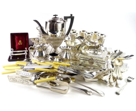 A large quantity of silver plate, to include a sardine dish, sauce boats, pair of mother of pearl and silver plated knife res