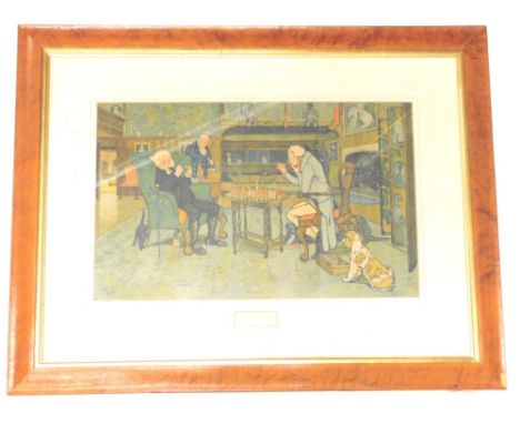 After Cecil Aldin. Mated, gentleman playing chess, chromolithograph, 27cm x 45cm.