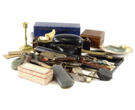 A collection of items, to include pen knives, brass candlestick, inlaid glove box, spectacles, a military type compass, etc. 