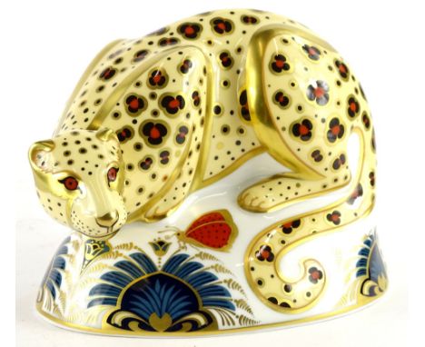 A Royal Crown Derby porcelain Savannah leopard, from the endangered species made for Sinclairs, printed mark in red to unders