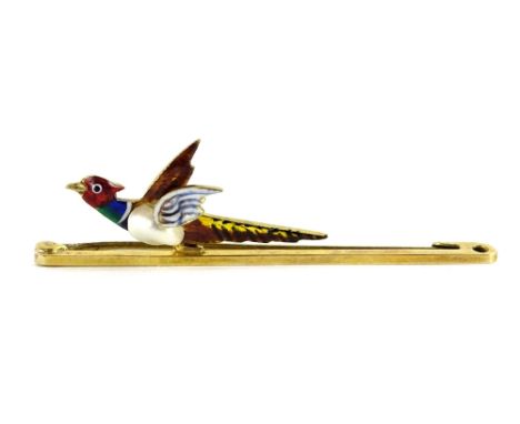 An enamel pheasant bar brooch, the single bar brooch, with perched pheasant in flight to left hand side, with mixed coloured 