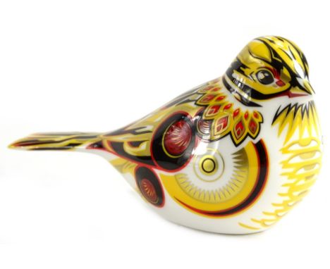 A Royal Crown Derby porcelain yellow hammer paperweight, printed mark in red to underside, gold button, boxed, 12cm L.