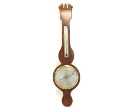 D. Sione, London. A mid 19thC mahogany boxwood and ebony strung wheel barometer, silvered thermometer and dial, 96cm L.