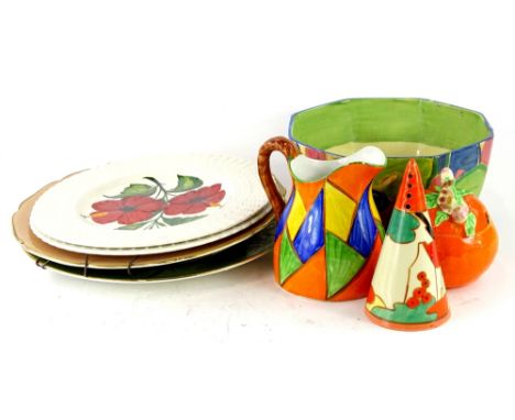 A collection of Clarice Cliff ceramics etc., to include a bowl with geometric design (AF), a Royal Staffordshire Clarice Clif