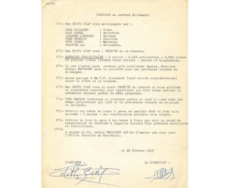 PIAF EDITH: (1915-1963) French Singer. D.S., Edith Piaf, one page, 4to, [Paris], 22nd February 1963, in French. The typed doc