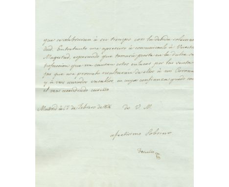 FERDINAND VII: (1784-1833) King of Spain 1808, 1813-33. L.S., `Fernando´, one page, 4to, Madrid, 17th February 1816, to his c