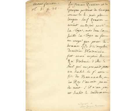 ROUSSEAU JEAN-JACQUES: (1712-1778) French Writer and Philosopher. An interesting autograph manuscript, one page, 4to, n.p., n