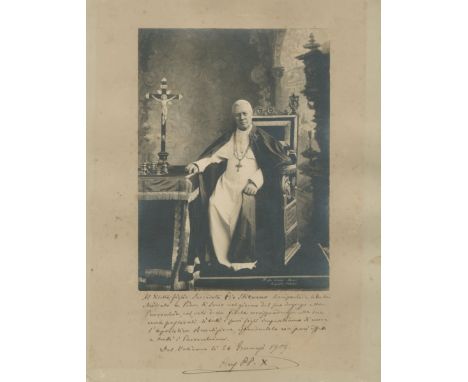 PIUS X: (1835-1914) Pope of the Catholic Church 1903-14. A fine vintage signed 10.5 x 13.5 photograph by Pius X, featuring an
