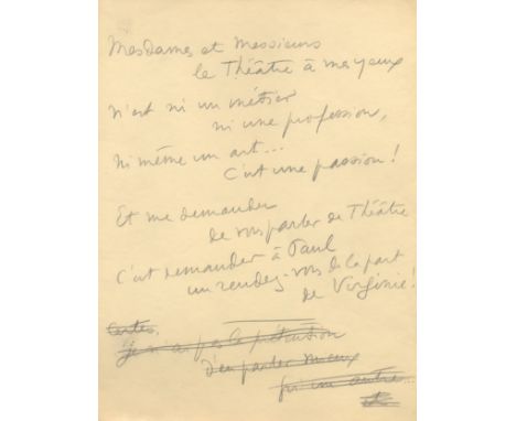 GUITRY SACHA: (1885-1957) French Actor & Director. An excellent and very interesting lengthy Manuscript in Guitry´s hand, n,p