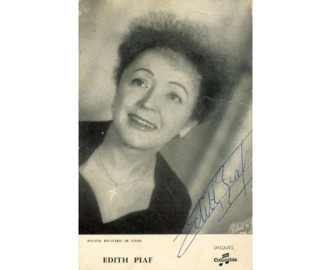 PIAF EDITH: (1915-1963) French Singer. Vintage signed 3.5 x 5.5 photograph of Piaf, the promotional Columbia image depicting 