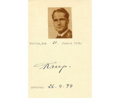 HESS RUDOLF: (1894-1987) German Reichsminister, Adolf Hitler´s Deputy in the Nazi Party. Signed 8vo card `R. Hess´, beneath a
