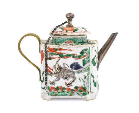 A Chinese Porcelain Teapot and Cover, Kangxi, of fluted rectangular form, painted in famille verte enamels with mythical beas