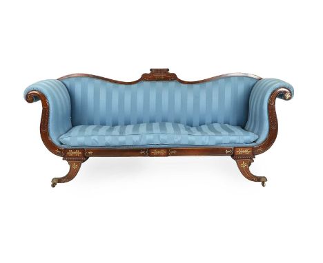 A Regency Rosewood and Brass-Inlaid Three-Seater Sofa, early 19th century, recovered in blue striped silk damask, the carved 