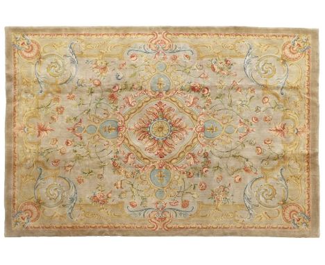 Savonnerie Design Carpet, 20th centuryThe pale mint field with scrolling naturalistic flowers and vines centred by a leafy me