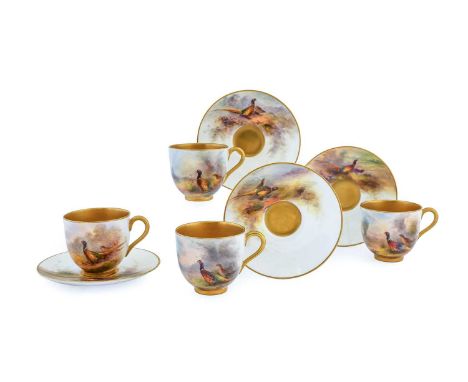 A Matched Set of Four Royal Worcester Porcelain Coffee Cups and Saucers, by James Stinton, various dates circa 1930, painted 