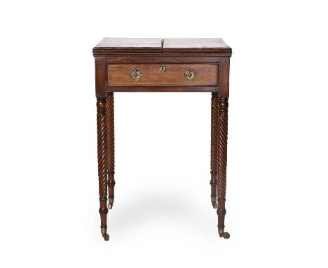 A Regency Mahogany and Rosewood-Crossbanded Card Table, early 19th century, the pivioting hinged leaves with reeded edge encl
