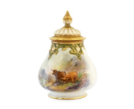A Royal Worcester Porcelain Vase and Cover, by Harry Stinton, 1912, of lobed conical form with fluted cover, painted with hig