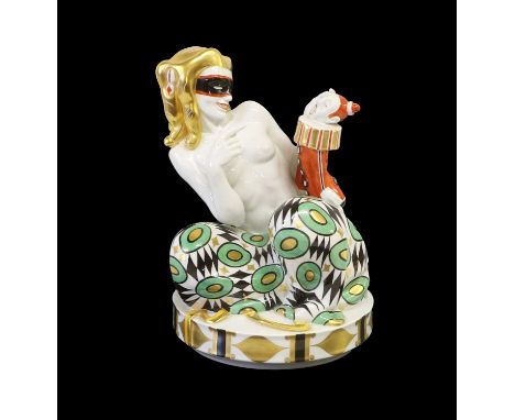A Meissen Porcelain Figure of Odalisque with Harlequin, modern, modelled by Paul Börner, the crouching girl holding Harlequin