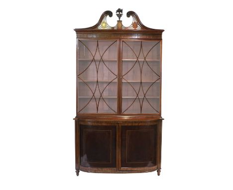 A George III-Style Mahogany, Crossbanded, Boxwood and Marquetry-Inlaid Cabinet Bookcase, late 19th century, the fret-carved s