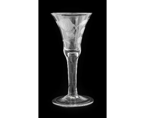 A Jacobite Wine Glass, circa 1745, the bell-shaped bowl engraved with a rose and single bud and with a basal air tear, on a p