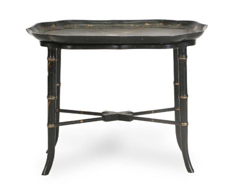 A Victorian Black-Lacquered Papier Mache and Mother-of-Pearl-Inlaid Tray and Later Stand, circa 1870, stamped Jennens &amp; B