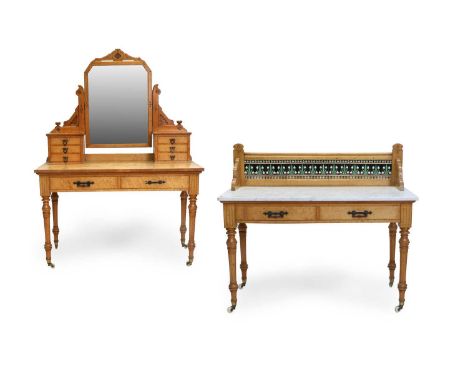 A Victorian Satin Birch and Marble-Top Washstand, circa 1890, the gallery back with Aesthetic floral tiles above a white and 