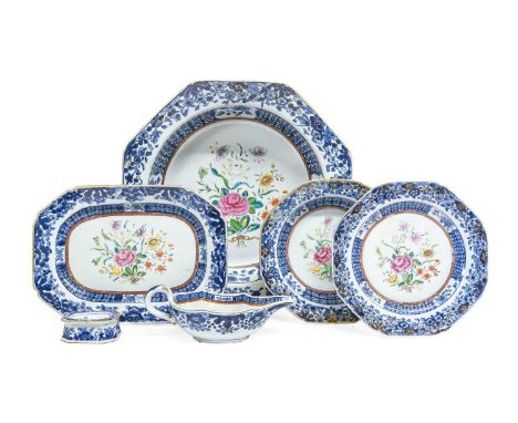 A Chinese Porcelain Dinner Service, Qianlong, painted in famille rose enamels with ribbon-tied bunches of flowers within unde