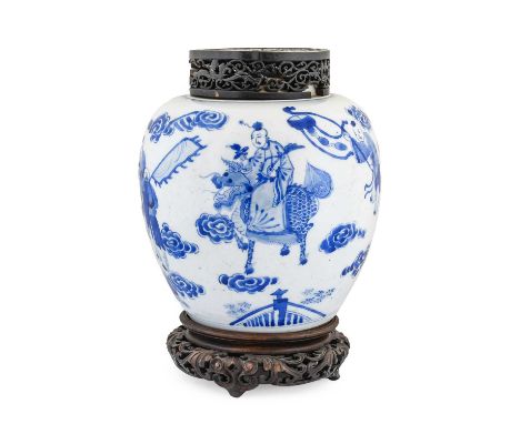 A Chinese Porcelain Jar, in Kangxi style, of ovoid form, painted in underglaze blue with a figure riding a mythical beast and
