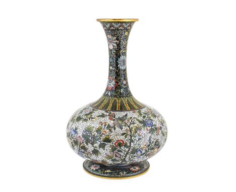 A Chinese Cloisonne Enamel Bottle Vase, Qing Dynasty, decorated in Chinese style with formal scrolling lotus on a black groun