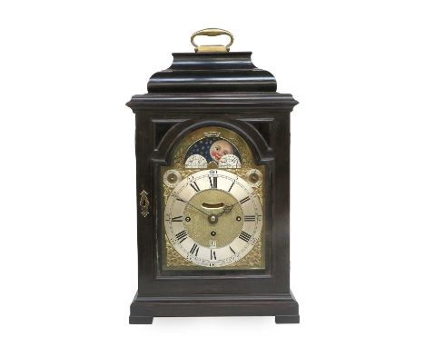 An Ebonised Quarter Chiming Table Clock, signed Benj Baddy, London, circa 1750, inverted bell top pediment with carrying hand