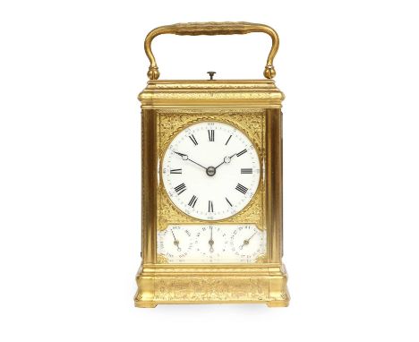 A Good Brass Engraved Strike and Repeat Calendar Alarm Carriage Clock, stamped Drocourt, circa 1880, elaborately floral engra