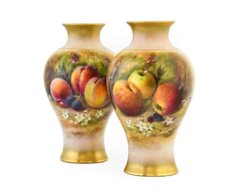 A Pair of Royal Worcester Porcelain Vases, by William Ricketts, 1926, of baluster form with flared necks, painted with still 