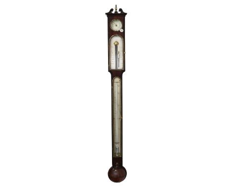 A Good Mahogany Stick Barometer, signed Dollond, London, circa 1800, swan neck pediment with an urn finial, concealed mercury