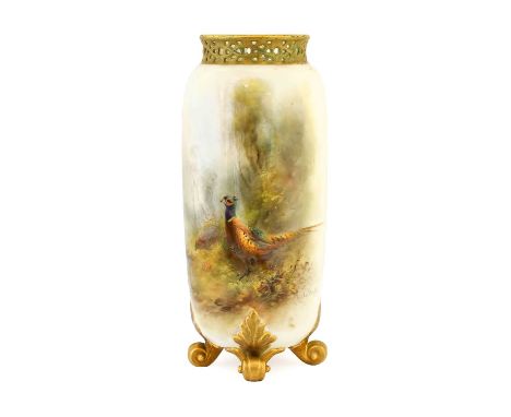 A Royal Worcester Porcelain Vase, by James Stinton, 1919, of baluster form with pierced rim, painted with pheasants in a mist