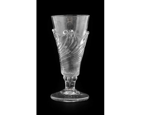 A Flammiform Short Ale Glass, circa 1740, the wrythen funnel bowl on a short baluster stem with air tear12.5cm highSmall manu
