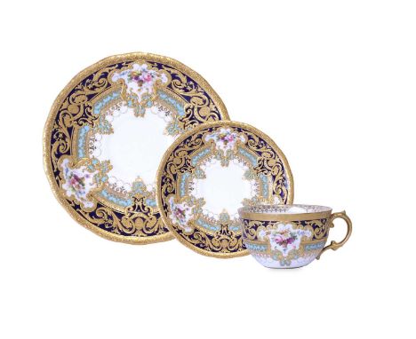 A Royal Crown Derby Trio from the Judge Gary Service, by Albert Gregory, 1910 and 1921, painted with baskets and sprays of fl