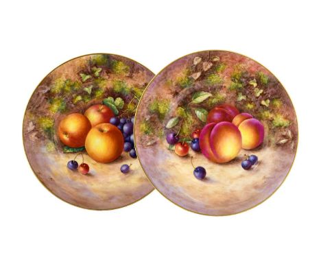 A Pair of Royal Worcester Porcelain Plates, by John Freeman, 2nd half 20th century, painted with still lifes of fruit on a mo