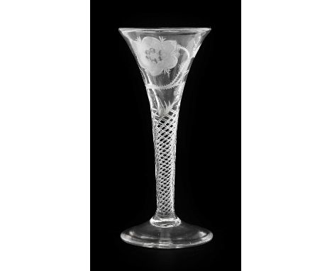 A Jacobite Wine Glass, circa 1745, the drawn trumpet bowl engraved with a rose and single bud and with an oak leaf, on an air