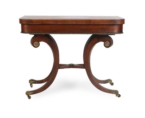 A Regency Rosewood, Coromandel and Tulipwood-Banded Foldover Card Table, early 19th century, of D-shape form with hinged leaf