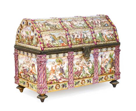 A Metal-Mounted Capodimonte-Style Porcelain Casket, late 19th/early 20th century, of domed rectangular form, typically moulde