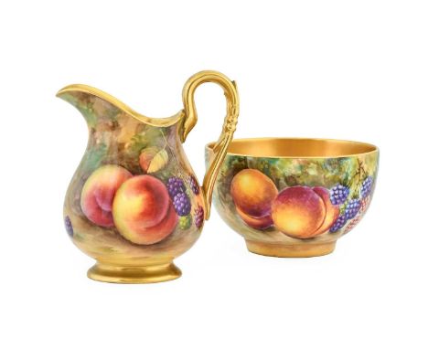 A Royal Worcester Porcelain Cream Jug, by Albert Shuck, 1936, painted with a still life of fruit on a mossy bank within gilt 