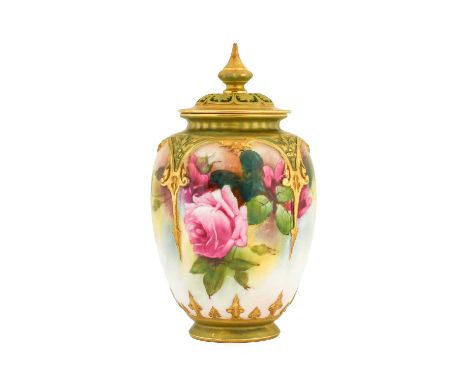 A Royal Worcester Porcelain Pot Pourri Vase and Cover, 1912, of lobed oval form, painted with pink roses within moulded strap