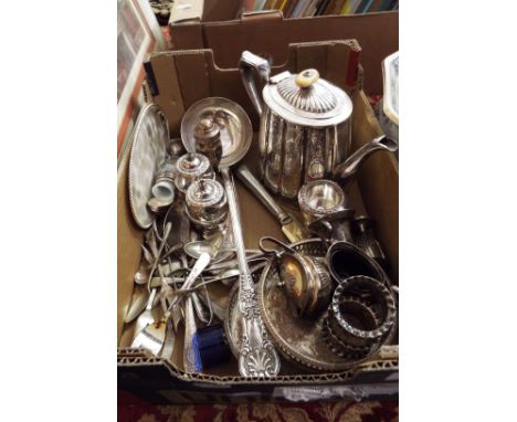A selection of silver plated items to include teapot, large ladle, salts, small trays etc