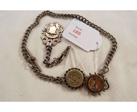 A Birmingham silver fob on chain, an enamelled 1877 four pence in compass fob mount, and a white metal Albert with compass fo