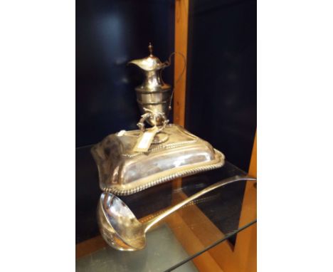 A silver plated tureen, claret jug and ladle