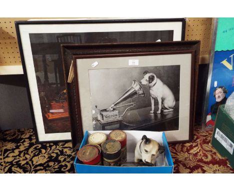 A mixed selection to include Edison moulded records, His Masters Voice ceramic dog, paper weights and four His Masters Voice 