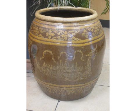A large Eastern painted ceramic garden pot, 68cm high and another similar (2)